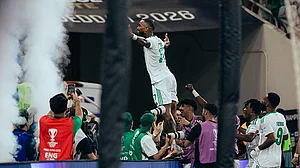 | Photo: Instagram/alahliclub.sa : Al-Ahli's Ivan Toney celebrates after scoring in the AFC Champions League Elite semi-final against Vissel Kobe on April 20, 2026.