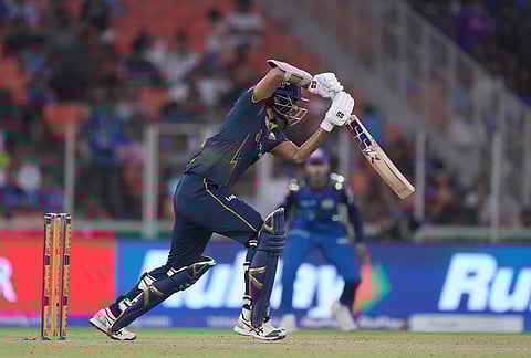 Gujarat Titans' Washington Sundar plays a shot during the Indian Premier League cricket match between Gujarat Titans and Mumbai Indians in Ahmedabad.