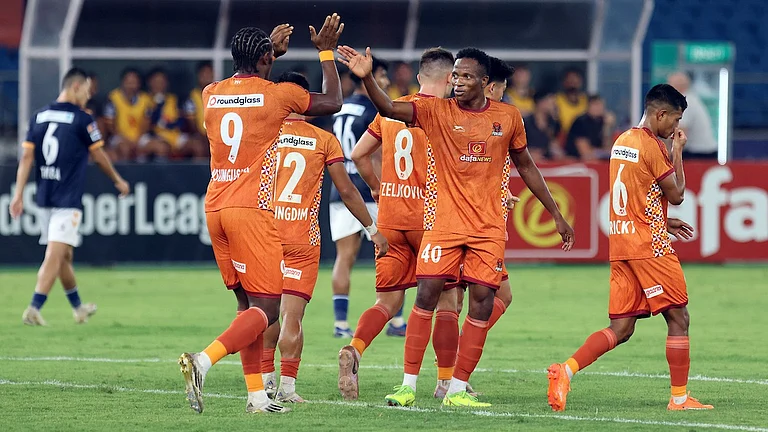 Punjab FC players celebrate a goal during the Indian Super League match against Inter Kashi on April 20, 2026. - | Photo: AIFF