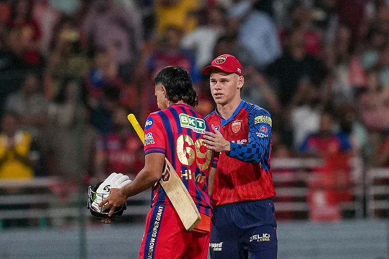 Lucknow Super Giants' Himmat Singh, left, interacts with Punjab Kings' Cooper Connolly as he walks off the ground at the end of the play during the Indian Premier League (IPL) 2026 T20 cricket match between Punjab Kings and Lucknow Super Giants, in New Chandigarh, Punjab. - Photo: PTI/Shiva Sharma