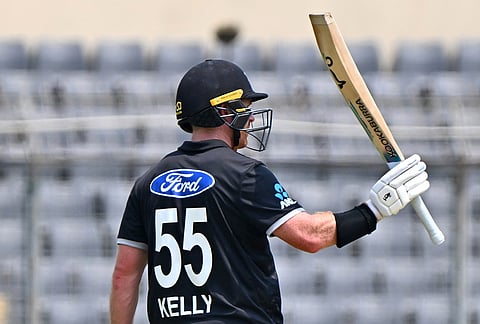 New Zealand's Nick Kelly celebrates his fifty runs during the second one day international cricket match between Bangladesh and New Zealand in Mirpur, Bangladesh.