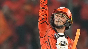AP Photo : Abhishek Sharma celebrates his century against Delhi Capitals during IPL 2026 clash at Hyderabad.