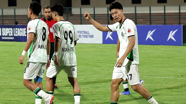 Mohammedan SC players celebrate after scoring during the Indian Super League match against Odisha FC on April 17, 2026. - | Photo: AIFF