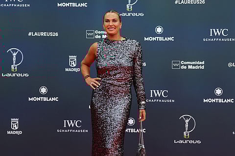 Aryna Sabalenka posses as she arrives for the 2026 Laureus World Sports Awards ceremony in Madrid, Spain.