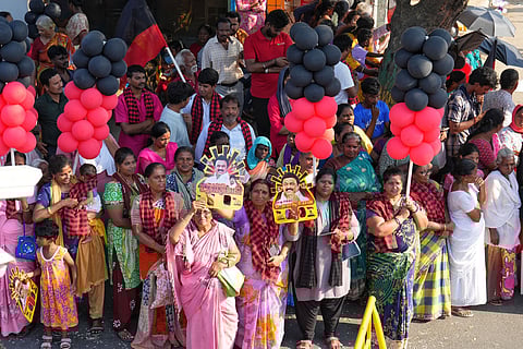 DMK supporters during MK Stalin's roadshow ahead of the Tamil Nadu Assembly elections.
