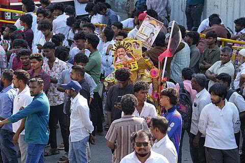 DMK supporters during MK Stalin's roadshow ahead of the Tamil Nadu Assembly elections.