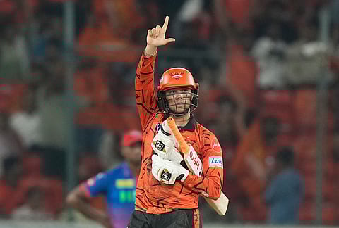 Sunrisers Hyderabad's Abhishek Sharma celebrates his fifty runs during the Indian Premier League cricket match between Sunrisers Hyderabad and Delhi Capitals in Hyderabad.