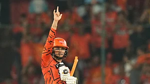 (AP Photo/Mahesh Kumar A.) : Sunrisers Hyderabad's Abhishek Sharma celebrates his century during the Indian Premier League cricket match between Sunrisers Hyderabad and Delhi Capitals in Hyderabad, India, Tuesday, April 21, 2026.