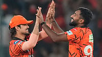 AP Photo : Sunrisers Hyderabad's Eshan Malinga, right, and Sunrisers Hyderabad's captain Ishan Kishan celebrates the wicket of Delhi Capitals' Nitish Rana during the Indian Premier League cricket match between Sunrisers Hyderabad and Delhi Capitals in Hyderabad.