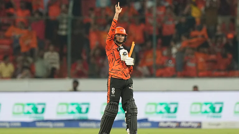 Sunrisers Hyderabad's Abhishek Sharma celebrates his century during the Indian Premier League cricket match between Sunrisers Hyderabad and Delhi Capitals in Hyderabad, India, Tuesday, April 21, 2026 - (AP Photo/Mahesh Kumar A.)