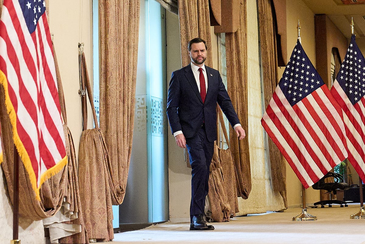 Vice President JD Vance arrives to speak at a news conference after meeting with representatives from Pakistan and Iran, Sunday, - Jacquelyn Martin