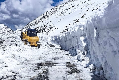 Snow clearance operations being carried out as it has been completed up to Sinthan Top, reopening the Daksum–Kishtwar road for traffic movement, in Kishtwar district, Jammu and Kashmir.