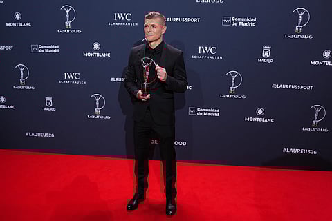 Toni Kroos poses with the Laureus Sporting Inspiration Award during the 2026 Laureus World Sports Awards ceremony in Madrid, Spain.
