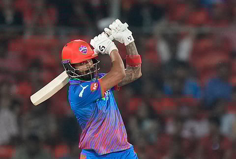 Delhi Capitals' KL Rahul hits a six during the Indian Premier League cricket match between Sunrisers Hyderabad and Delhi Capitals in Hyderabad.
