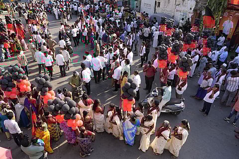 DMK supporters during MK Stalin's roadshow ahead of the Tamil Nadu Assembly elections.