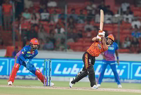 Sunrisers Hyderabad's captain Ishan Kishan plays a shot during the Indian Premier League cricket match between Sunrisers Hyderabad and Delhi Capitals in Hyderabad.