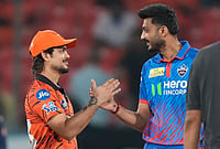 | Photo: AP/Mahesh Kumar A. : Sunrisers Hyderabad's captain Ishan Kishan, left, and Delhi Capitals' captain Axar Patel, shake hands after toss during the Indian Premier League cricket match between Sunrisers Hyderabad and Delhi Capitals in Hyderabad.