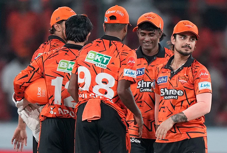 Sunrisers Hyderabad players celebrate after won the match during the Indian Premier League cricket match against Delhi Capitals in Hyderabad. - | Photo: AP/Mahesh Kumar A.