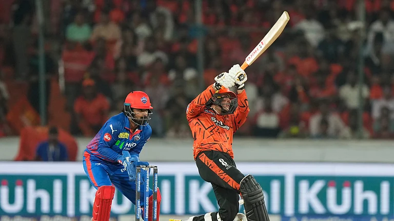 Sunrisers Hyderabad's Abhishek Sharma hits a six during the Indian Premier League cricket match between Sunrisers Hyderabad and Delhi Capitals in Hyderabad, India, Tuesday, April 21, 2026. - (AP Photo/Mahesh Kumar A.)