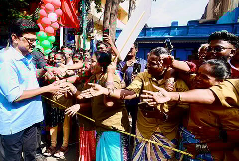 Tamil Nadu Chief Minister and DMK candidate from Kolathur constituency, MK Stalin, during a voter outreach ahead of the state Assembly elections, in Chennai.