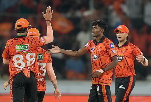 Sunrisers Hyderabad's Sakib Hussain, second right, celebrate with teammates the wicket of Delhi Capitals' KL Rahul during the Indian Premier League cricket match between Sunrisers Hyderabad and Delhi Capitals in Hyderabad.