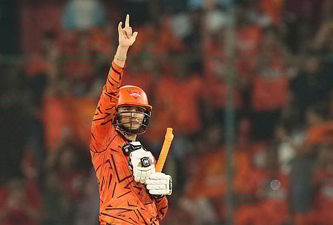 Sunrisers Hyderabad's Abhishek Sharma celebrates his century during the Indian Premier League cricket match between Sunrisers Hyderabad and Delhi Capitals in Hyderabad.