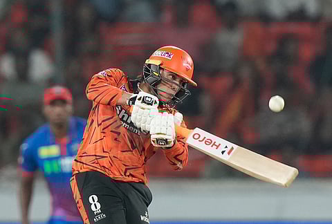 Sunrisers Hyderabad's Abhishek Sharma plays a shot during the Indian Premier League cricket match between Sunrisers Hyderabad and Delhi Capitals in Hyderabad.