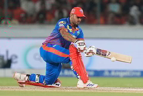Delhi Capitals' Nitish Rana plays a shot during the Indian Premier League cricket match between Sunrisers Hyderabad and Delhi Capitals in Hyderabad.