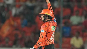 AP Photo : Sunrisers Hyderabad's Abhishek Sharma celebrates his fifty runs during the Indian Premier League cricket match between Sunrisers Hyderabad and Delhi Capitals in Hyderabad.