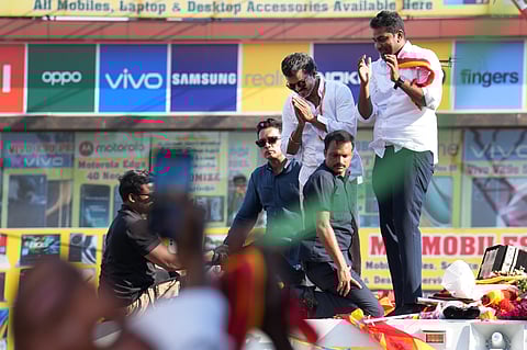 Tamilaga Vettri Kazhagam (TVK) chief Vijay during a campaign ahead of Tamil Nadu Assembly elections.