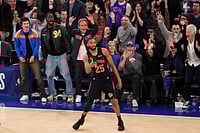 New York Knicks 106- 107 Atlanta Hawks, NBA 2026 Playoffs : CJ McCollum Helps Side Tie First-Round Series | Photo: AP/Yuki Iwamura : New York Knicks guard Mikal Bridges (25) reacts after scoring a 3-point goal during the first half in Game 2 of a first-round NBA playoffs basketball series against the Atlanta Hawks in New York.