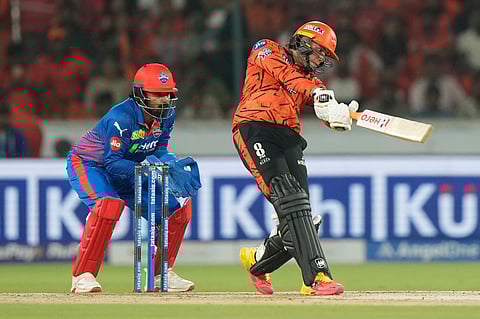 Sunrisers Hyderabad's Abhishek Sharma hits a six during the Indian Premier League cricket match between Sunrisers Hyderabad and Delhi Capitals in Hyderabad.