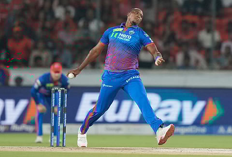 Delhi Capitals' Lungi Ngidi bowls a delivery during the Indian Premier League cricket match between Sunrisers Hyderabad and Delhi Capitals in Hyderabad.