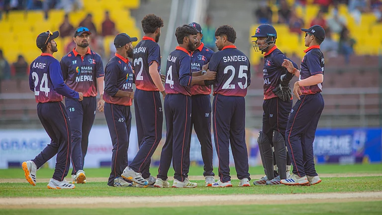 Nepal cricketers celebrate their win against UAE in 2nd T20I at Kirtipur. - CricketNep/X