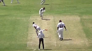 Screengrab from West Indies Championship match wherein Jayden Seales' delivery hit Jeremiah Louis on the helmet.
