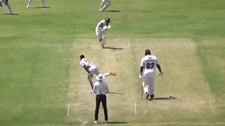 Screengrab from West Indies Championship match wherein Jayden Seales' delivery hit Jeremiah Louis on the helmet. - null