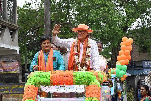 BJP candidate from Santipur Assembly constituency, Swapan Kumar Das, campaigns for the West Bengal Assembly elections, in Nadia.