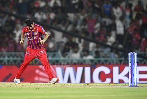 Lucknow Super Giants' Prince Yadav celebrates the wicket of Rajasthan Royals' Donovan Ferreira during the Indian Premier League cricket match between Lucknow Super Giants and Rajasthan Royals in Lucknow.
