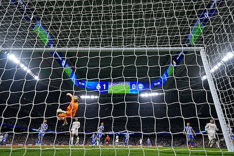 Alaves' goalkeeper Antonio Siverawatches ball go out of bounds during a La Liga soccer match between Real Madrid and Alaves in Madrid, Spain.