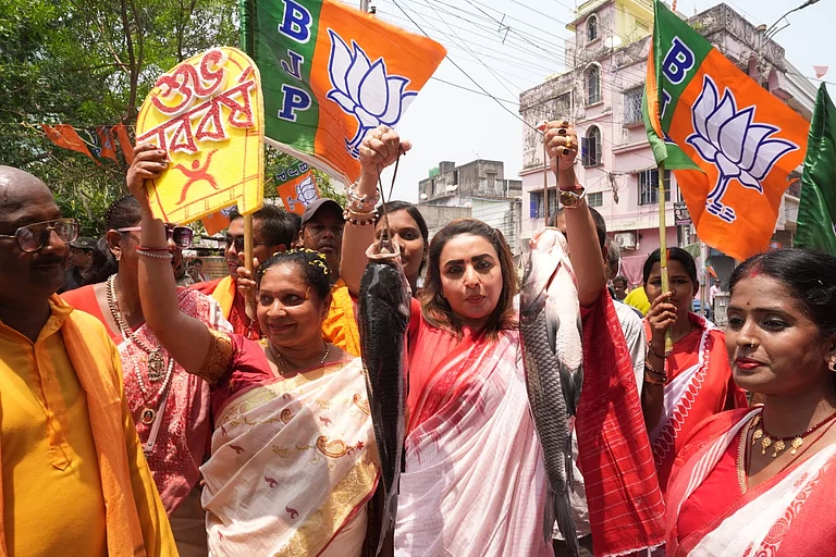 All India Trinamool Congress (Trinamool) claims The Bharatiya Janata Party (BJP) is “not Bengali”. Breaking this perception, BJP candidate Rakesh Singh, Kolkata Port Assembly constituency in the upcoming West Bengal Assembly elections held a morning procession following traditional Bengali customs, women wore sarees, carrying fish in their hands, while campaigning door to door on the day of Bengali New Year. - PTI