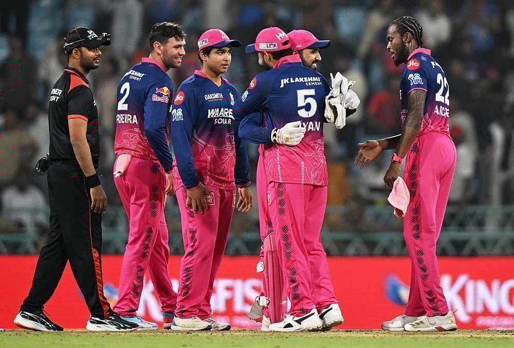 Rajasthan Royals' players celebrate after winning the Indian Premier League cricket match against Lucknow Super Giants in Lucknow. - | Photo: AP