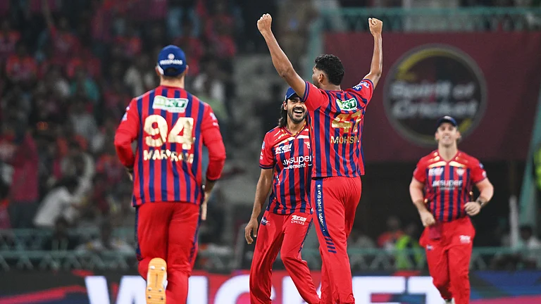Lucknow Super Giants' Mohsin Khan, second right, celebrates with teammates the wicket of Rajasthan Royals' Shimron Hetmyer during the Indian Premier League cricket match between Lucknow Super Giants and Rajasthan Royals in Lucknow, India, Wednesday, April 22, 2026. - (AP Photo)