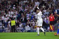 | Photo: AP/Manu Fernandez : Real Madrid's Kylian Mbappe celebrates after scoringduring a La Liga soccer match between Real Madrid and Alaves in Madrid, Spain.