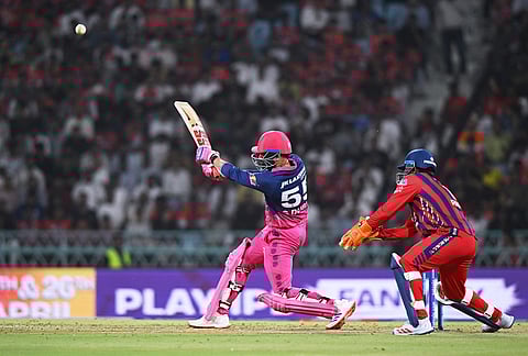 Rajasthan Royals' Shubham Dube plays a shot during the Indian Premier League cricket match between Lucknow Super Giants and Rajasthan Royals in Lucknow.