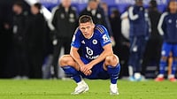 Jacob King/PA via AP : Leicester City's Jannik Vestergaard reacts after the English Championship soccer match against Hull City in Leicester, England, Tuesday.