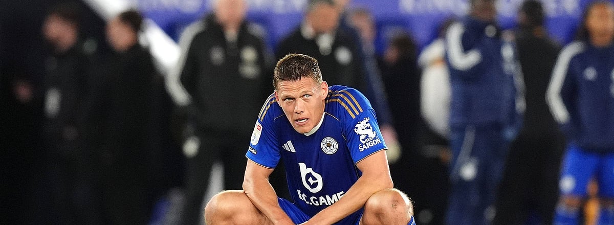 Jacob King/PA via AP : Leicester City's Jannik Vestergaard reacts after the English Championship soccer match against Hull City in Leicester, England, Tuesday.