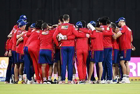 Team Lucknow Super Giants forms a huddle before the start of the Indian Premier League cricket match between Lucknow Super Giants and Rajasthan Royals in Lucknow.
