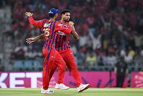 Lucknow Super Giants' Mohsin Khan, right, celebrates with teammate Mukul Choudhary the wicket of Rajasthan Royals' Vaibhav Sooryavanshi during the Indian Premier League cricket match between Lucknow Super Giants and Rajasthan Royals in Lucknow.