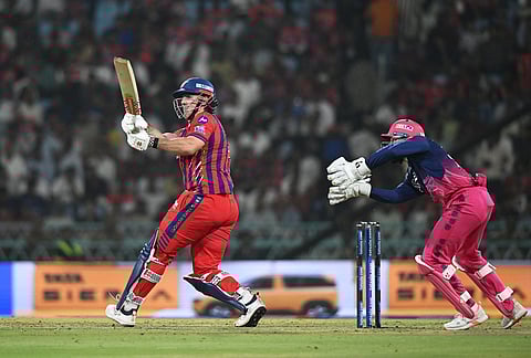 Lucknow Super Giants' Mitchell Marsh plays a shot during the Indian Premier League cricket match between Lucknow Super Giants and Rajasthan Royals in Lucknow.