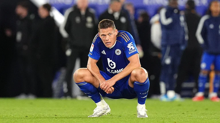 Leicester City's Jannik Vestergaard reacts after the English Championship soccer match against Hull City in Leicester, England, Tuesday. - Jacob King/PA via AP